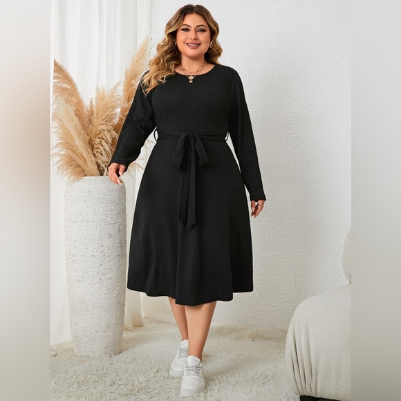 Plus Size Tie Waist Long Sleeve Dress - Picture 1 of 4